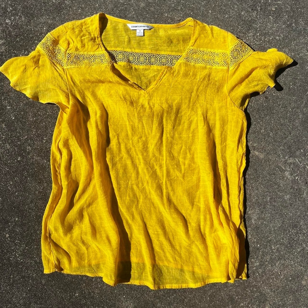 Counterparts Bright Yellow V-Neck Linen Top with Lace Yoke